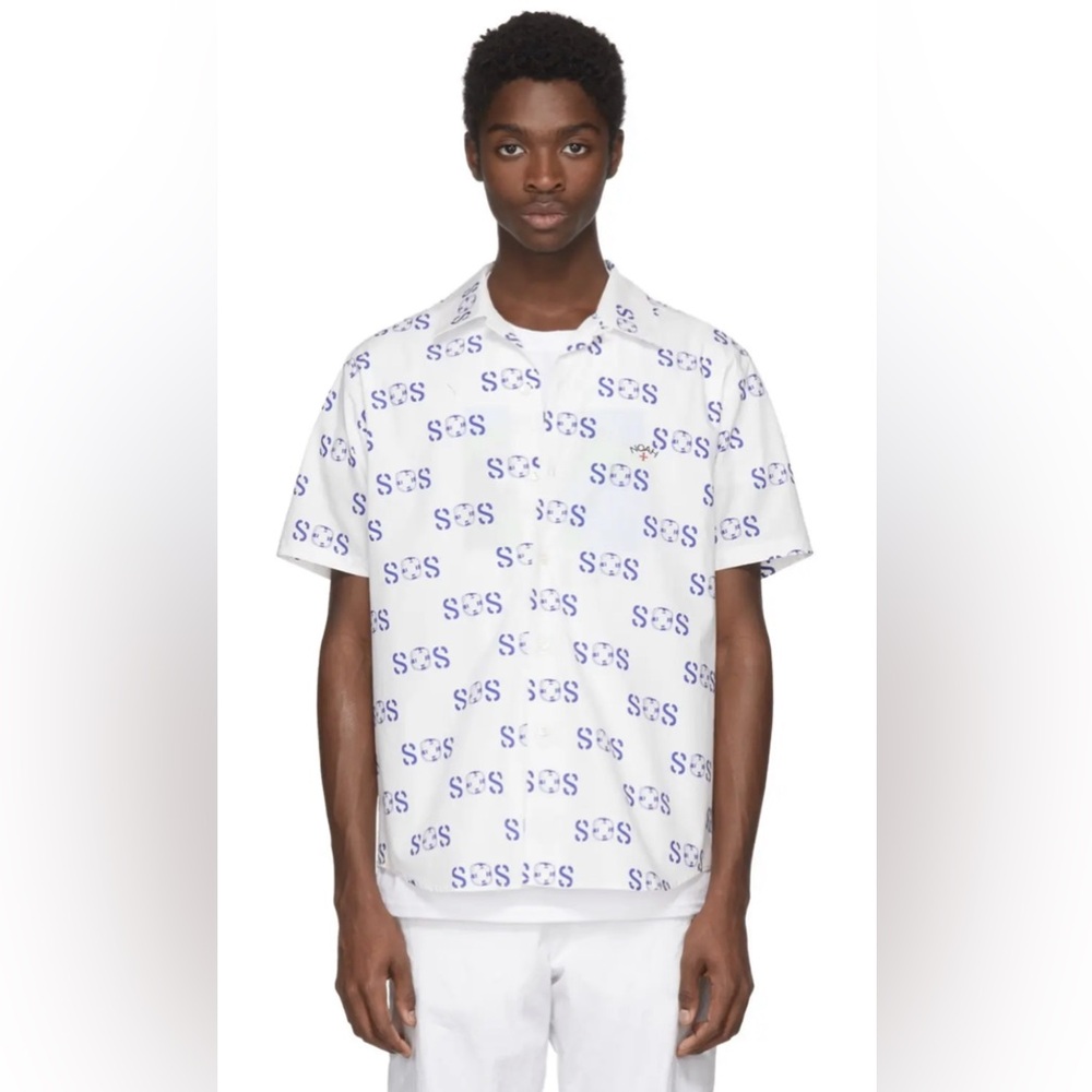 Noah NYC White ‘SOS’ Graphic Short Sleeve Button Up Shirt size L